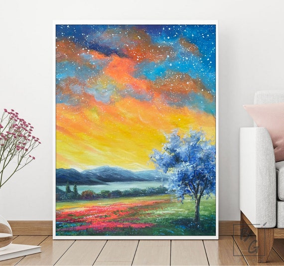 Starry sky abstract painting,Hand Nature Large Gallery Art,Night Starry
