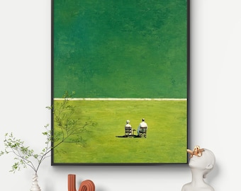 Minimalist Two-Tone Green Lawn Couple Oil Painting, Back View Figurative Landscape Wall Art, Calm Vintage Home Decor, Handmade Art Gift