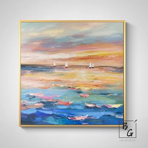 Gold Sunshine,Blue Sea Painting,Blue Ocean,Ocean painting,Large abstract painting,Original canvas painting,Sea wave Texture,Sunset painting