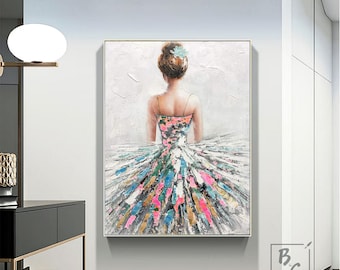 May include: A painting of a woman in a colorful dress with a flower in her hair. The woman is facing away from the viewer and her dress is flowing out behind her.