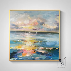 Sunset Landscape Art Painting,Gold Sunshine,Sea Painting Art,Blue Ocean,Large abstract painting,Paintings on canvas,Sunset ocean painting