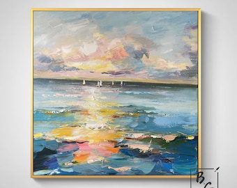 Sunset Landscape Art Painting,Gold Sunshine,Sea Painting Art,Blue Ocean,Large abstract painting,Paintings on canvas,Sunset ocean painting
