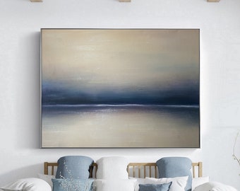 Dark blue ocean abstract painting,Beige Sea Abstract painting,Blue Minimalist Ocean Painting Canvas,Large Sky landscape abstract painting