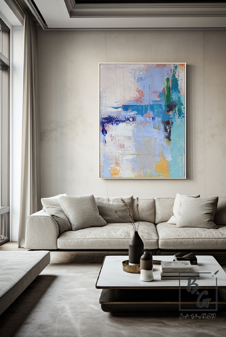 Blue Art Beige abstract painting,Pink abstract Paintings on Canvas,Gradient oil painting,Textured original painting,Sofa wall art painting image 3