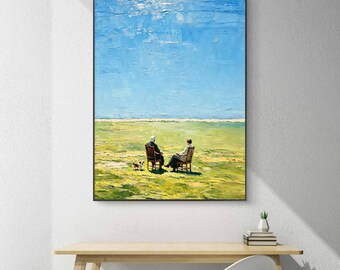 Coastal Meadow Couple With Dog Oil Painting, Impressionist Blue Sky Landscape Wall Art, Vintage Serene Home Decor, Handmade Art Gift