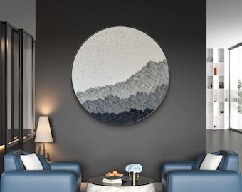 Round 3D Textured White Wave Painting,Minimalist Black Background Circular Wall Art,Neutral Abstract Ocean Decor,Handmade Textured Canvas