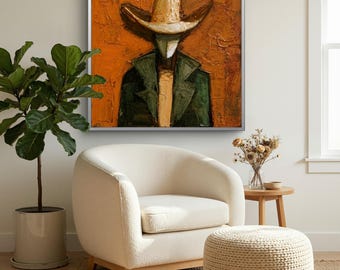 Abstract Cowboy Portrait Oil Painting,3D Textured Western Figure Wall Art,Neutral Rustic Home Decor,Handmade Art Gift,Modern wall decoration