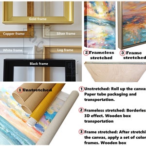 May include: Image showcasing various canvas art framing options. Includes gold, copper, silver, white, log, and black frames. Also shows unstretched canvas rolls, frameless stretched canvas, and framed canvas options with text descriptions.