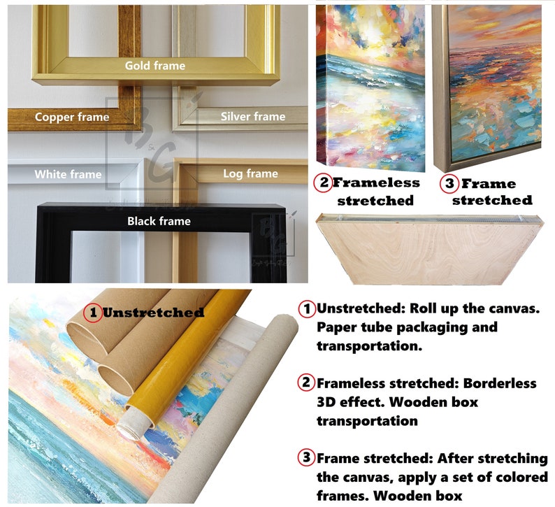 May include: Image showcasing various canvas art framing options. Includes gold, copper, silver, white, log, and black frames. Also shows unstretched canvas rolls, frameless stretched canvas, and framed canvas options with text descriptions.