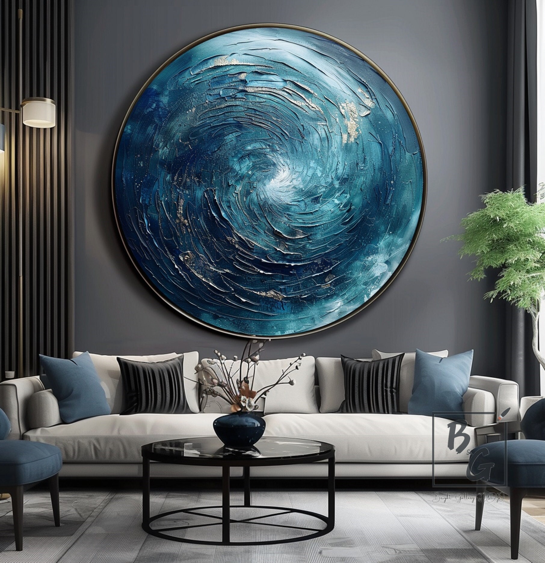 Blue abstract painting,Circle abstract Paintings on canvas,Vortex Abstract Art,Sofa wall painting,Fireplace decoration painting,Sea wave art