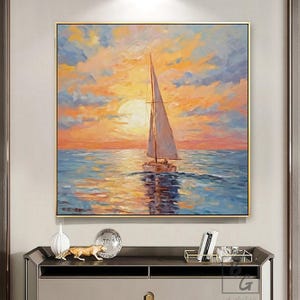 Sailboat abstract art,Gold sunset ocean abstract painting,Blue Ocean Painting Art,Canvas Abstract Wall Art,Sunset ocean painting Wall Art