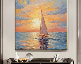 抽象的な夕日の帆船の絵画、オリジナルの海景アート、60インチ×40
