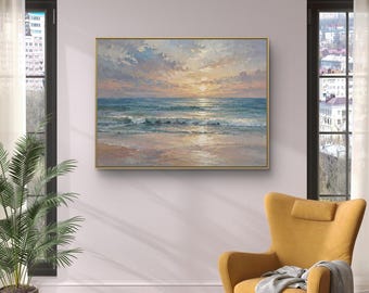 Sunrise Beach Impasto Oil Painting,Soft Pastel Ocean Wave Seascape Wall Art,Golden Sky Coastal Canvas,Handmade Seaside Landscape Home Decor
