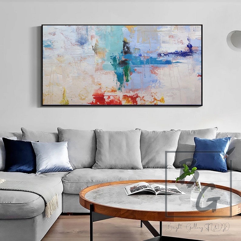 Blue Large abstract painting,Blue Paintings on Canvas,Red Green Modern oil painting,Textured original painting,Minimalist abstract painting image 6