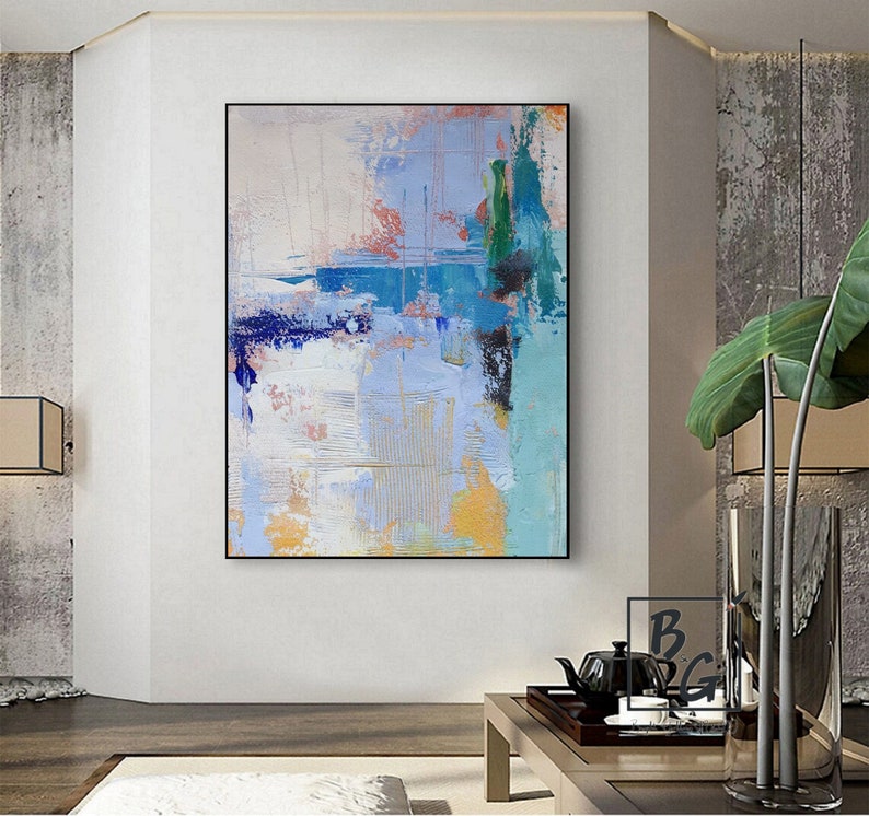 Blue Art Beige abstract painting,Pink abstract Paintings on Canvas,Gradient oil painting,Textured original painting,Sofa wall art painting image 9