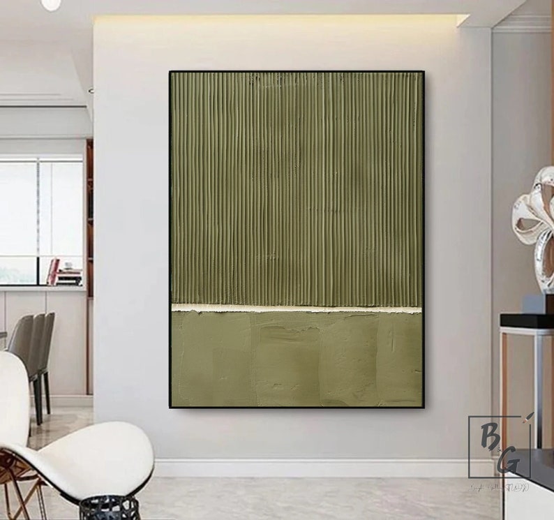 May include: Abstract painting with a green and white color scheme. The painting is made up of vertical lines and a horizontal line. The painting is framed in black.