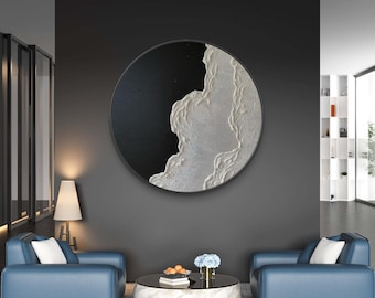 Minimalist Black Background Circular Wall Art,Round 3D Textured White Wave Painting,Neutral Abstract Ocean Decor,Handmade Textured Canvas