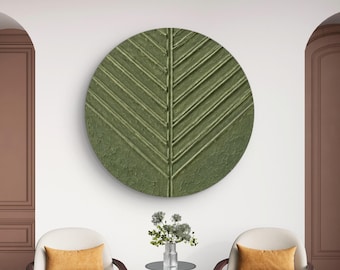 Olive green Round Botanical Oil Painting,Green Leaf Wall Art,3D Textured Handmade Decor,Modern Organic Home Art,Abstract Palm Leaf Art