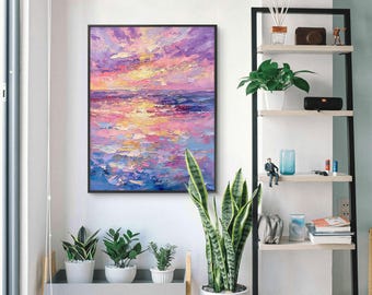 Purple Pink Sunset Seascape Oil Painting,Impasto Impressionist Ocean Wall Art,Dreamy Coastal Home Decor,Handmade Modern Knife Painting Art