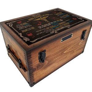 May include: A wooden box with a dark stain and black hardware. The top of the box features text that reads "Being a Nurse Means" with medical symbols and inspirational quotes. The box has a small metal plate on the front.