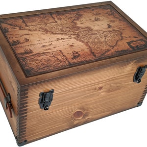 May include: A wooden treasure chest with a vintage map design on the lid. The chest has two black metal clasps and a brown leather handle.