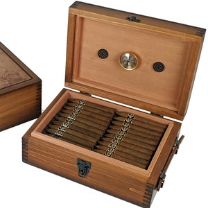 Humidor para puros de tabaco, caja de escritorio de madera de cedro  español, tapa de vidrio, para 25-50 puros, higrómetro y humidificador de  lujo