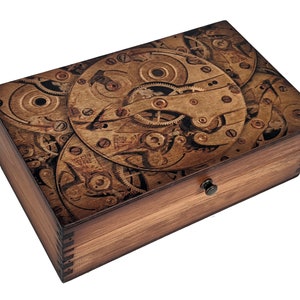 May include: A wooden box with a hinged lid and a brass latch. The box is decorated with a printed image of intricate clockwork gears in shades of brown and gold.