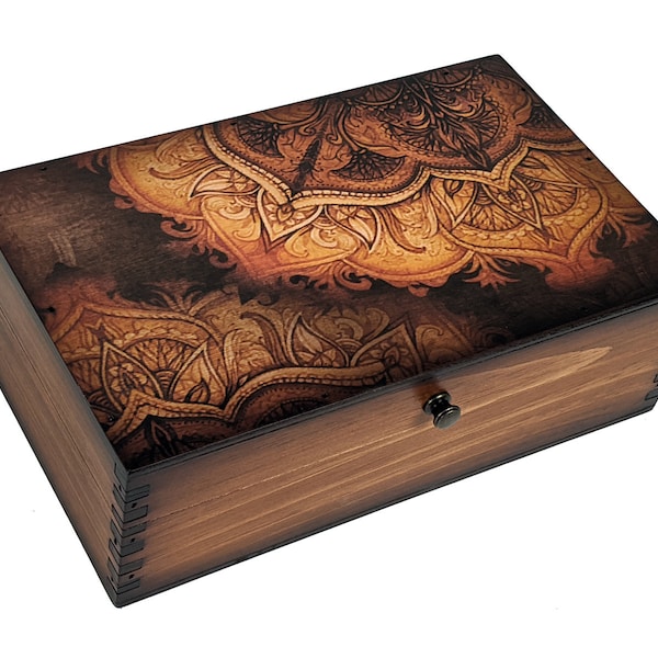 Burnt Orange Floral Ornament Medium Wood Box