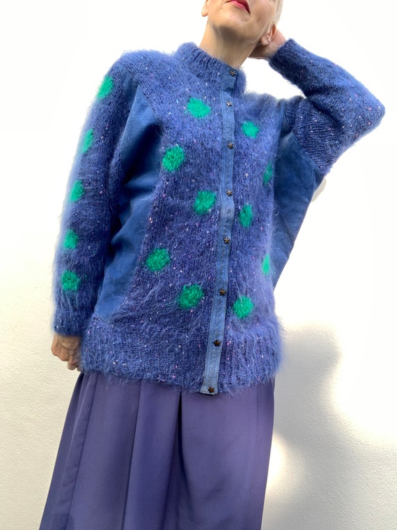 Vintage 80s mohair cardigan with blue suede panell