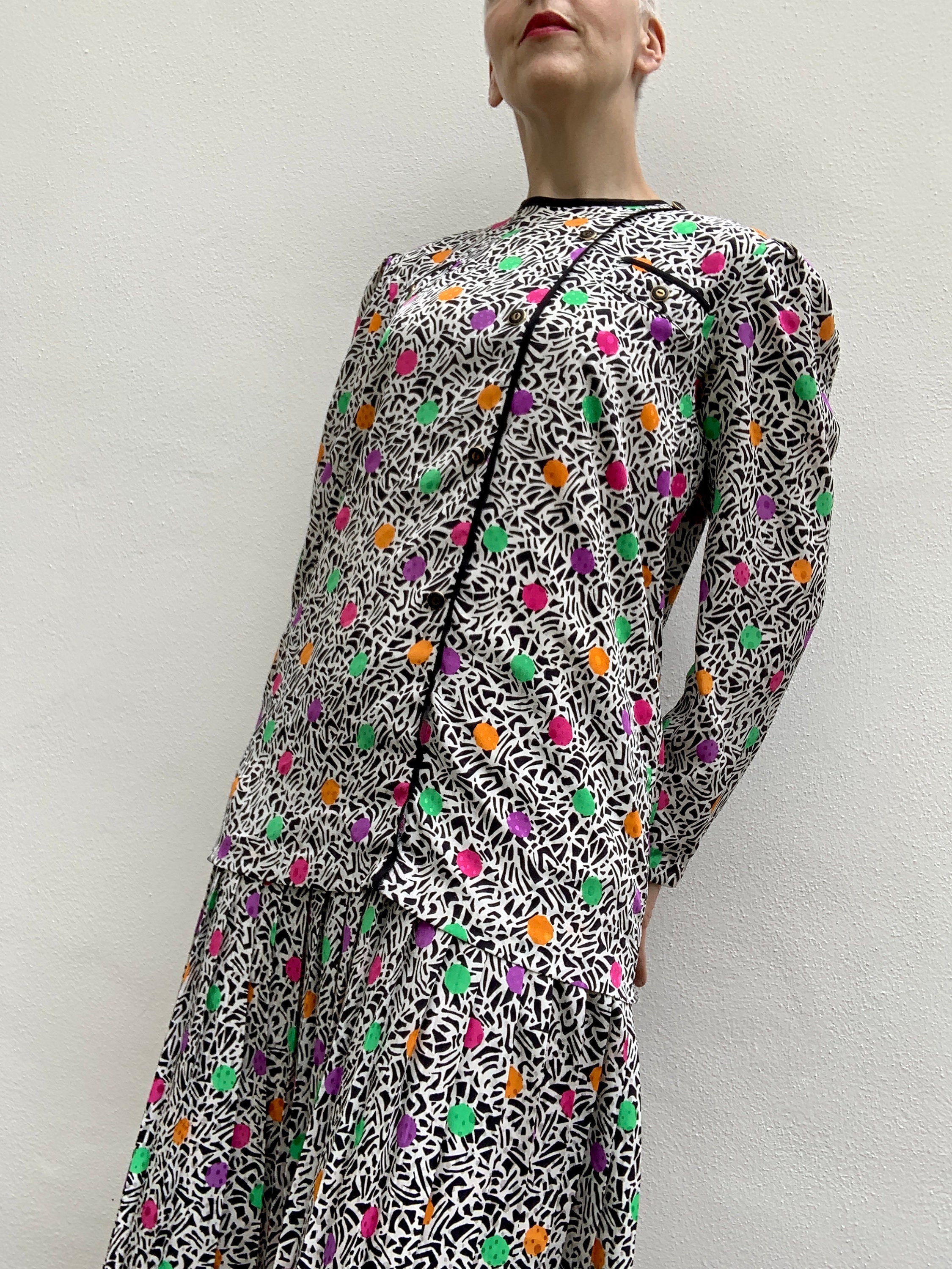 Image of Super Colourful Vintage S Midi Length Pleated Dress - Uk Size