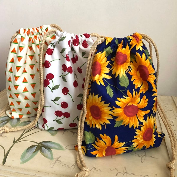 Small Drawstring bags in 3 designs.