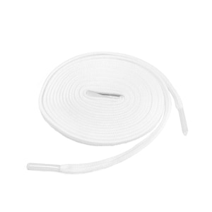May include: White shoelaces with a flat, round shape. The laces are coiled and have a smooth texture.
