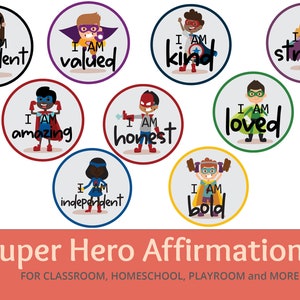Superheld Affirmationen, Kinderklassenzimmer Affirmation Station Digitaler Download, positive Affirmationskarte, Jungen- und Mädchen-Superhelden, Vielfalt