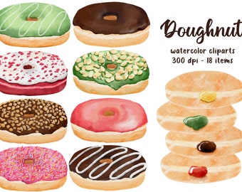 Watercolor Donut Clipart: Sweet Dessert PNG Images (18 Items)
