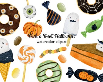 May include: Watercolor clipart set of Halloween treats, including a donut with eyes, a ghost lollipop, a pumpkin, a candy corn, a ghost ice cream cone, a candy bar, a cake slice, and a donut with green frosting. The text "Trick o Treat Halloween watercolor clipart" is written in black.