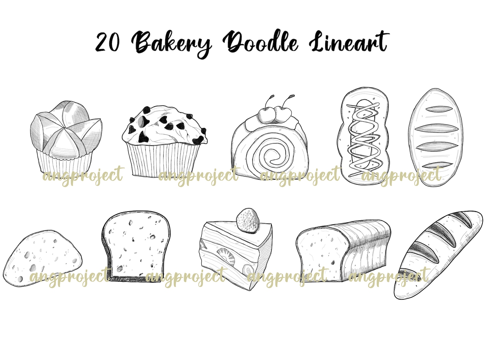 Bakery Clipart SVG PNG, Black White Bakery Doodle, Doodle Clipart