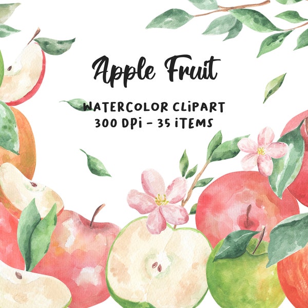 Apple Watercolor Clipart, Apple Slice PNG, Pear Watercolor Clipart, Summer Fruit PNG, Slice Fruit Watercolor Clipart, Digital Download PNG