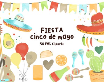 Clipart del Cinco de Mayo: Gráficos de acuarela de la Fiesta Mexicana (PNG)