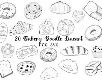 Bakery Doodle Clipart: Black and White Line Art (SVG, PNG)