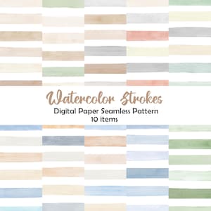 Pode incluir: Um padrão digital sem costura com traços de aquarela em várias cores pastel, incluindo bege, rosa, verde e azul, dispostos em listras horizontais. O texto "Watercolor Strokes" e "10 items" é exibido.