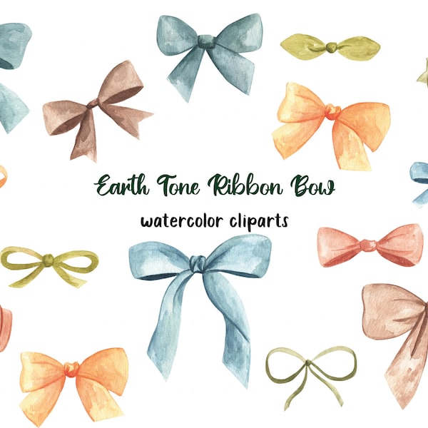 Watercolor Ribbon Bow Clipart, Ribbon PNG, Watercolor Bow Clipart, Watercolor Boho Bow, Earth Tone Watercolor Clipart, Bohemian Decor