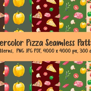 Puede incluir: Patrón de pizza sin costuras en acuarela con cinco diseños. Los patrones presentan rebanadas de pizza, pimientos, champiñones y otros ingredientes. La imagen incluye el texto "Watercolor Pizza Seamless Pattern" y detalles del archivo.