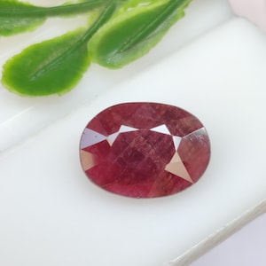 Peut inclure: Une pierre précieuse de forme ovale, un rubis facetté aux tons rouge foncé et rose. La gemme est posée sur une surface blanche, avec une branche de feuilles vertes en arrière-plan.