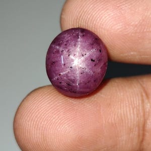 Puede incluir: Una piedra preciosa de rubí estrellado redonda, rosa, con una estrella de seis puntas en el centro.