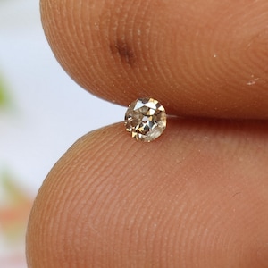 May include: A small, round, champagne-coloured diamond. The gemstone is held between two fingers, showcasing its facets and brilliance. The diamond's colour is a light, warm tone, reflecting light.