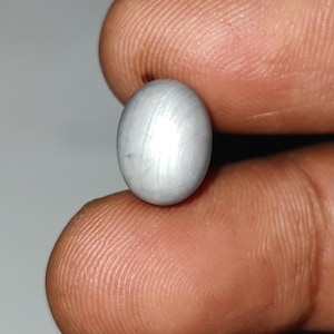 May include: A small, oval-shaped, gray gemstone with a polished surface. The stone is held between two fingers, showcasing its smooth texture and subtle color variations. The gemstone appears to be a cabochon, suitable for jewelry making.