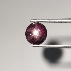 Puede incluir: Una gema redonda y pulida, de color rojo oscuro, con un efecto de estrella, sujeta con pinzas sobre un fondo gris. La gema tiene una superficie lisa y un sutil juego de luces.