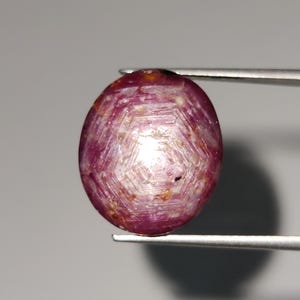 May include: A pink ruby gemstone with a star-shaped pattern, held by tweezers against a white background.