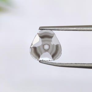 Peut inclure: Une petite pierre précieuse translucide de forme triangulaire avec un trou central et un motif gris distinct en forme d'étoile à trois branches rayonnant du centre. La pierre présente des bords facettés et est tenue par une pince métallique.