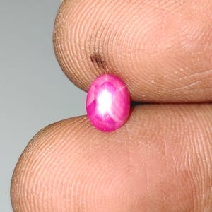 Op de afbeelding: Een levendige roze sterrobijn in ovale vorm met een duidelijk zesstralig ster-effect, ook wel asterisme genoemd. De cabochon geslepen steen vertoont een diepe magentakleur met een heldere, gecentreerde lichtreflectie op het oppervlak.